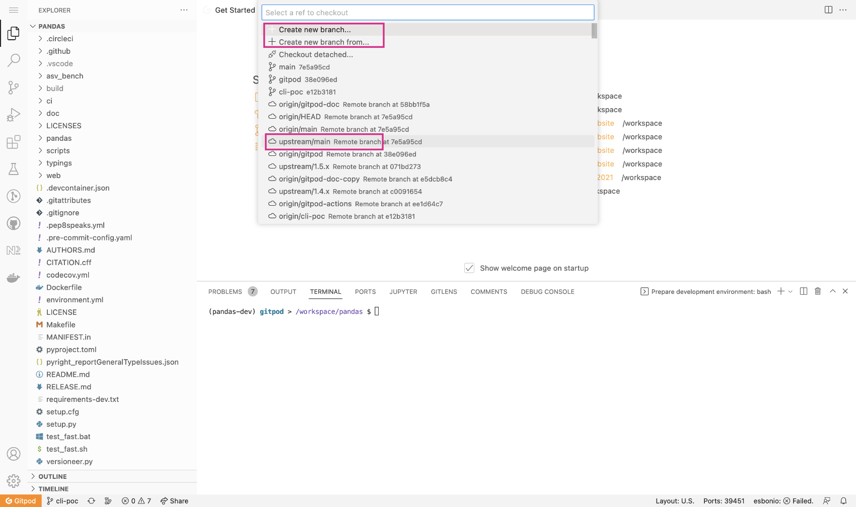 Gitpod workspace branches plugin screenshot