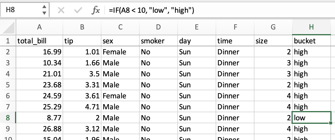 Screenshot showing the formula from above in a bucket column of the tips spreadsheet