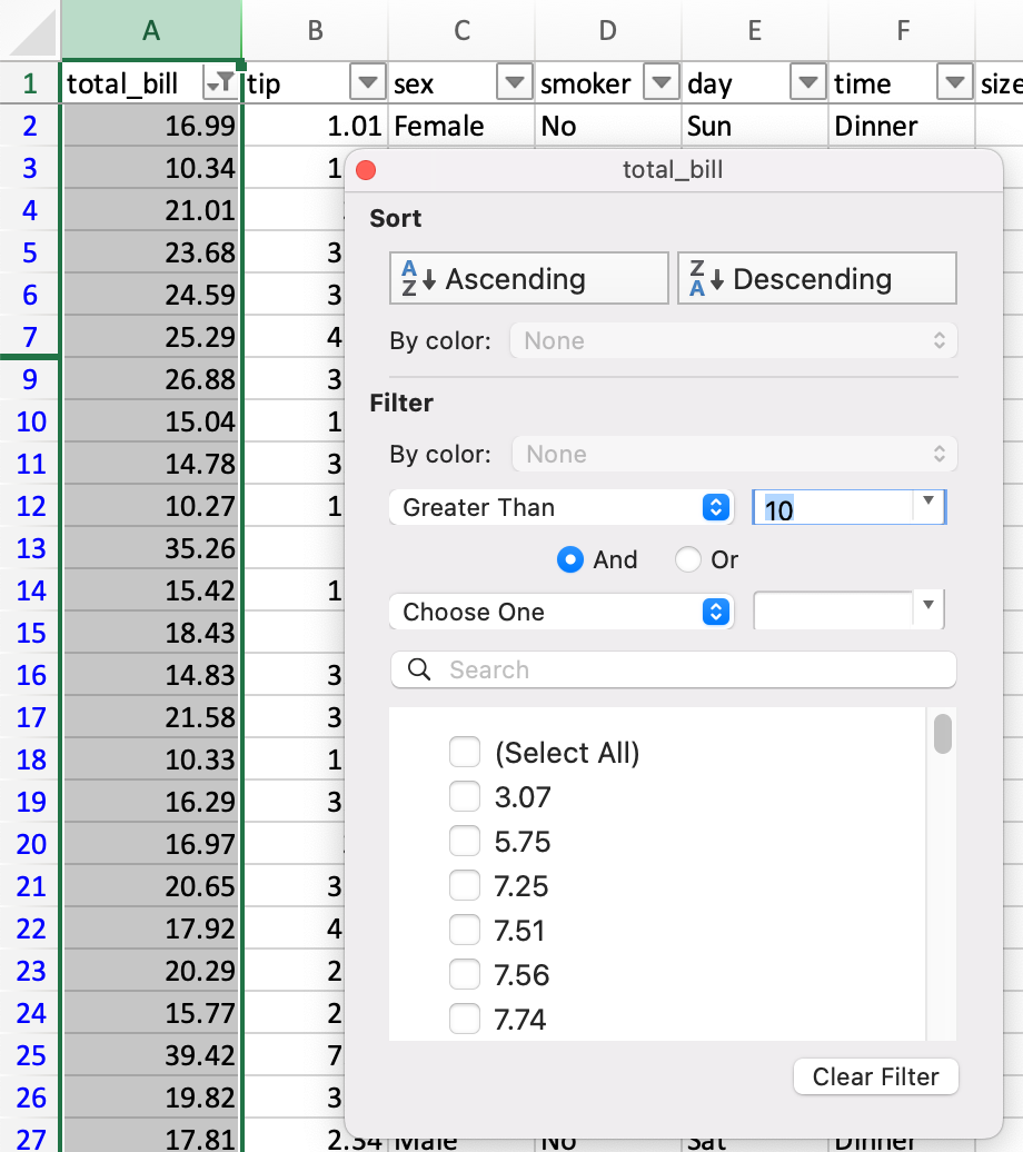 Screenshot showing filtering of the total_bill column to values greater than 10