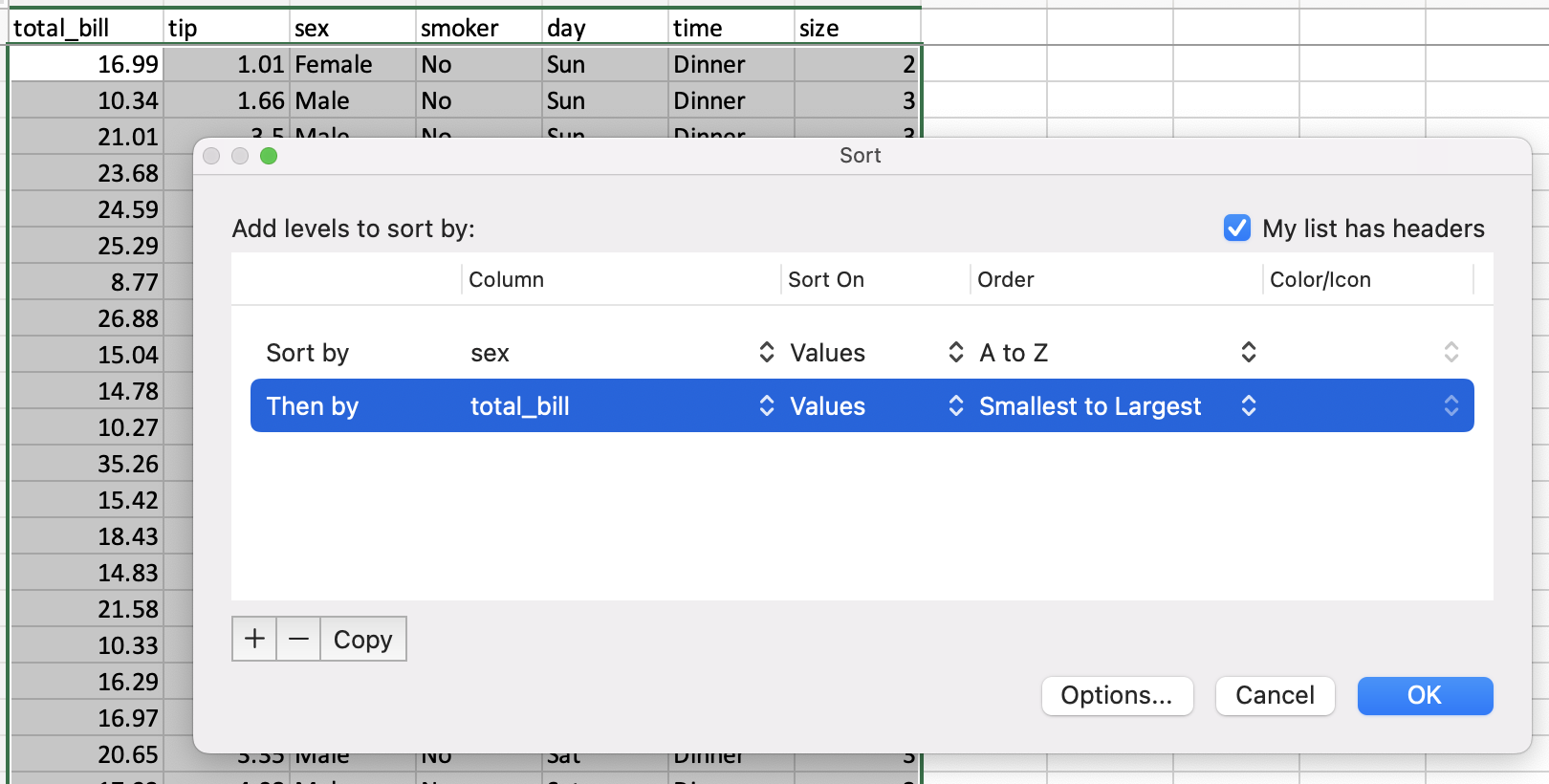 Screenshot of dialog from Excel showing sorting by the sex then total_bill columns